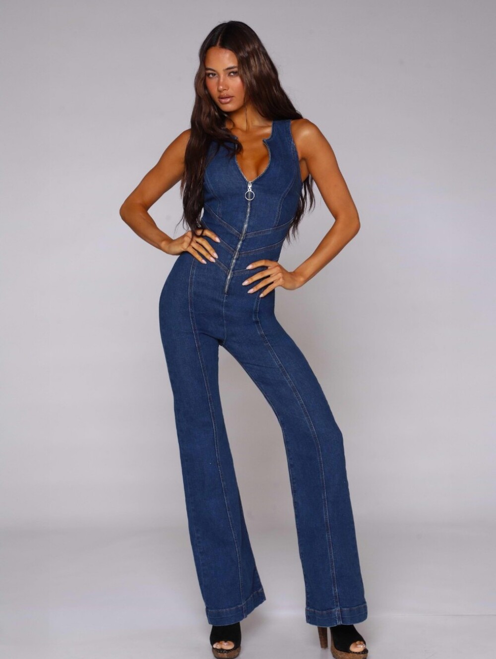 Revice Hollywood Heartthrob Denim Jumpsuit Heart Cutout Zip Front Flare Jeans - Picture 4 of 10